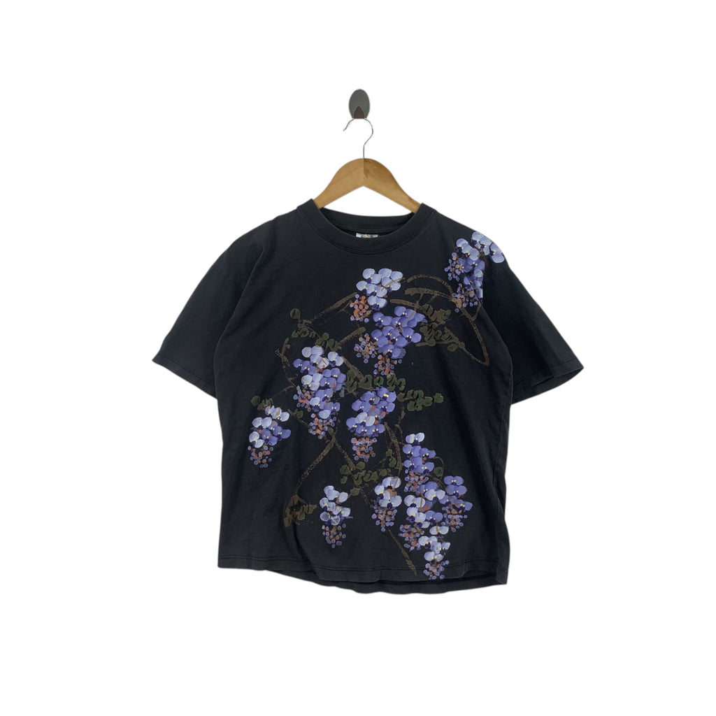 Vintage JAPAN TRADITIONAL ORCHID Floral Flower Tee Shirt Top AOP Over Print Painting