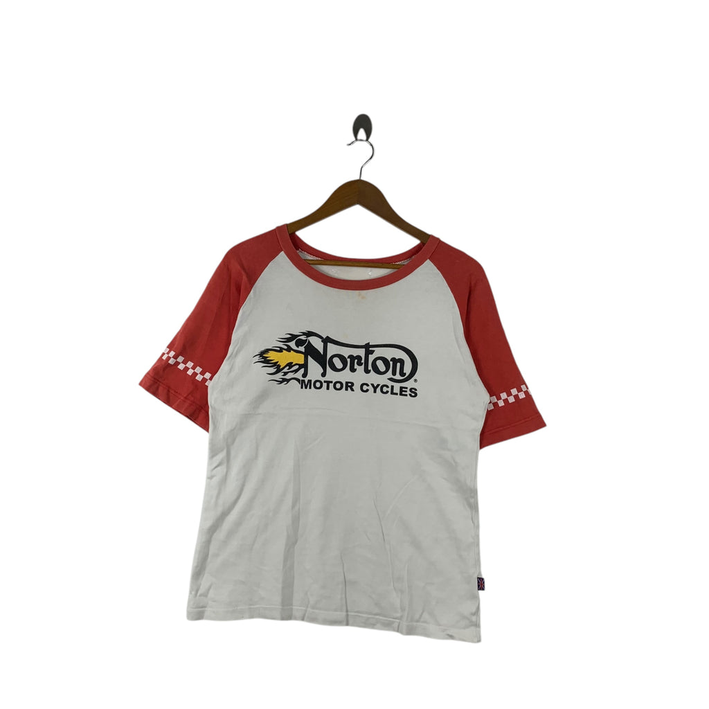 Vintage NORTON MOTORCYCLES Flame Distress Tee Shirt Top Trashed Rider Chopper