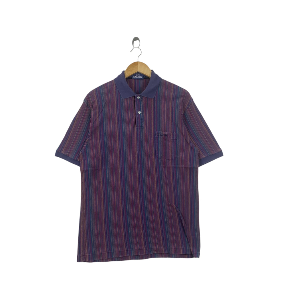 Vintage SPALDING USA Sportswear Striped Polo Tee Shirt Pocket Embroidered Logo
