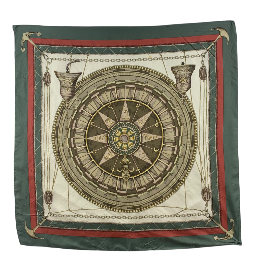 Vintage NAUTICAL  COMPASS CRIMSON Baroque Silk Scarf Hand Rolled Shawl Neckerchief