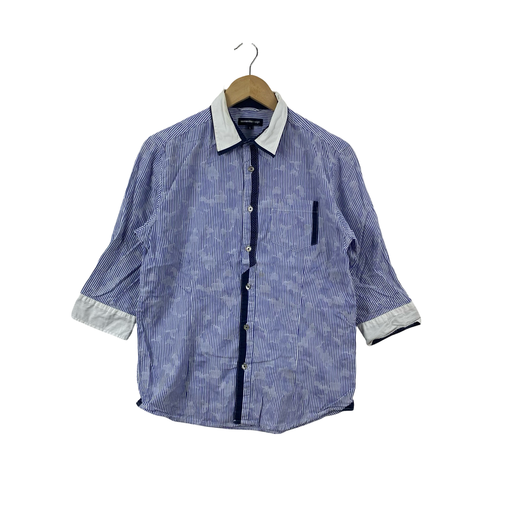 Vintage SEMANTIC DESIGN Pinstripe Shirt Long Sleeve Button Up Shirt Contrast Collar Trim Pocket Casual Retro Japanese