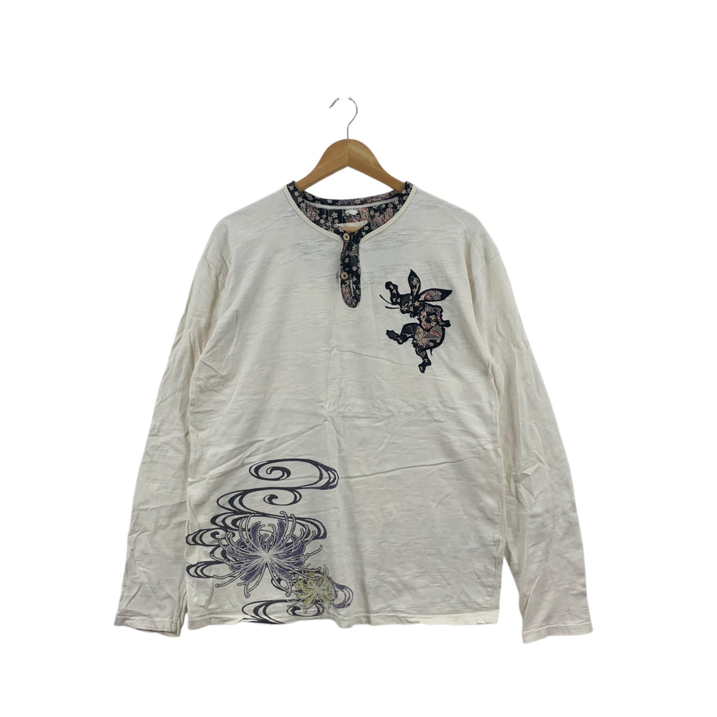 Vintage JAPAN MOON RABBIT Folklore Sakura Tee Shirt Top Henley Long Sleeve