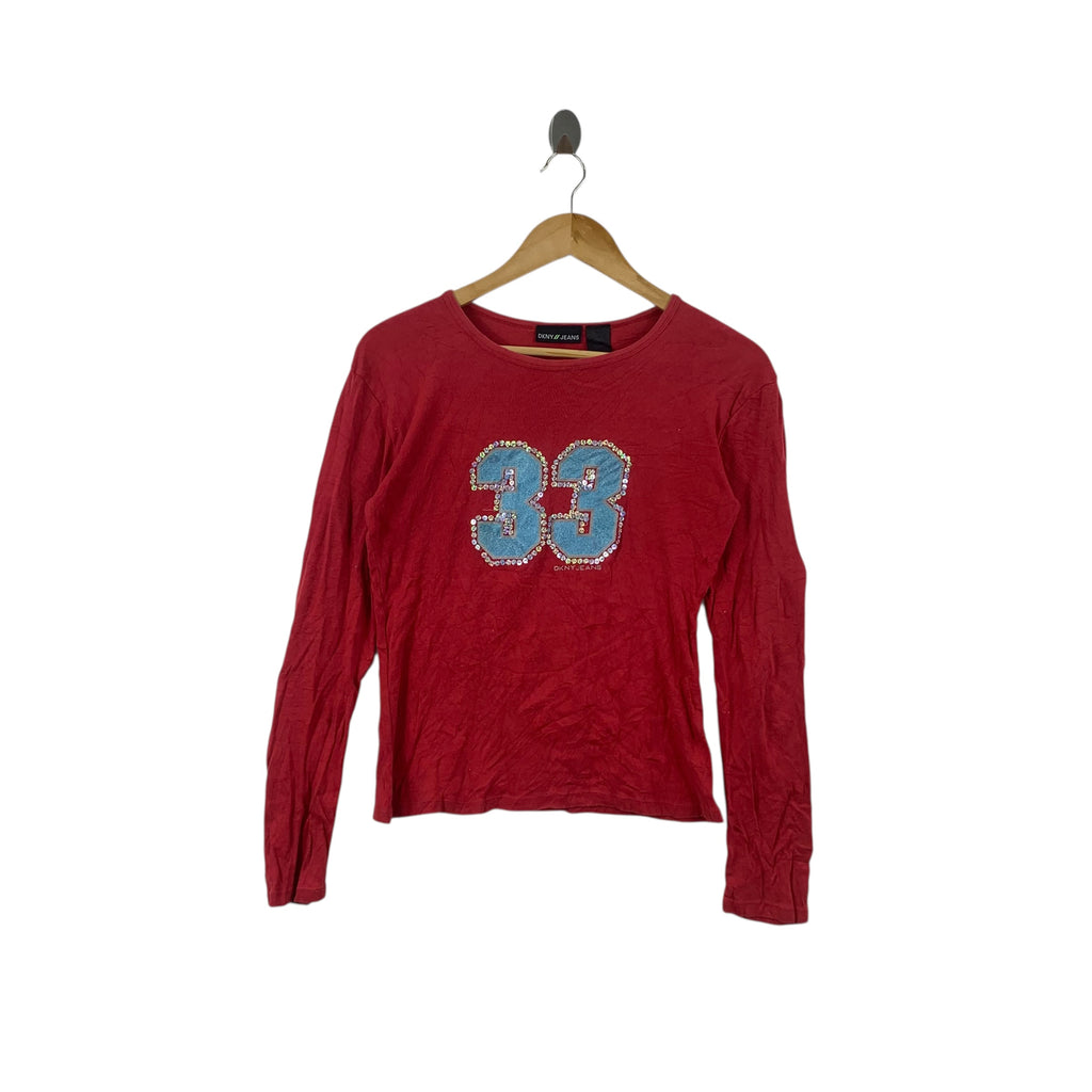 DKNY DONNA KARAN New York Rhinestone Bling 30th Tee Shirt Top Long Sleeve