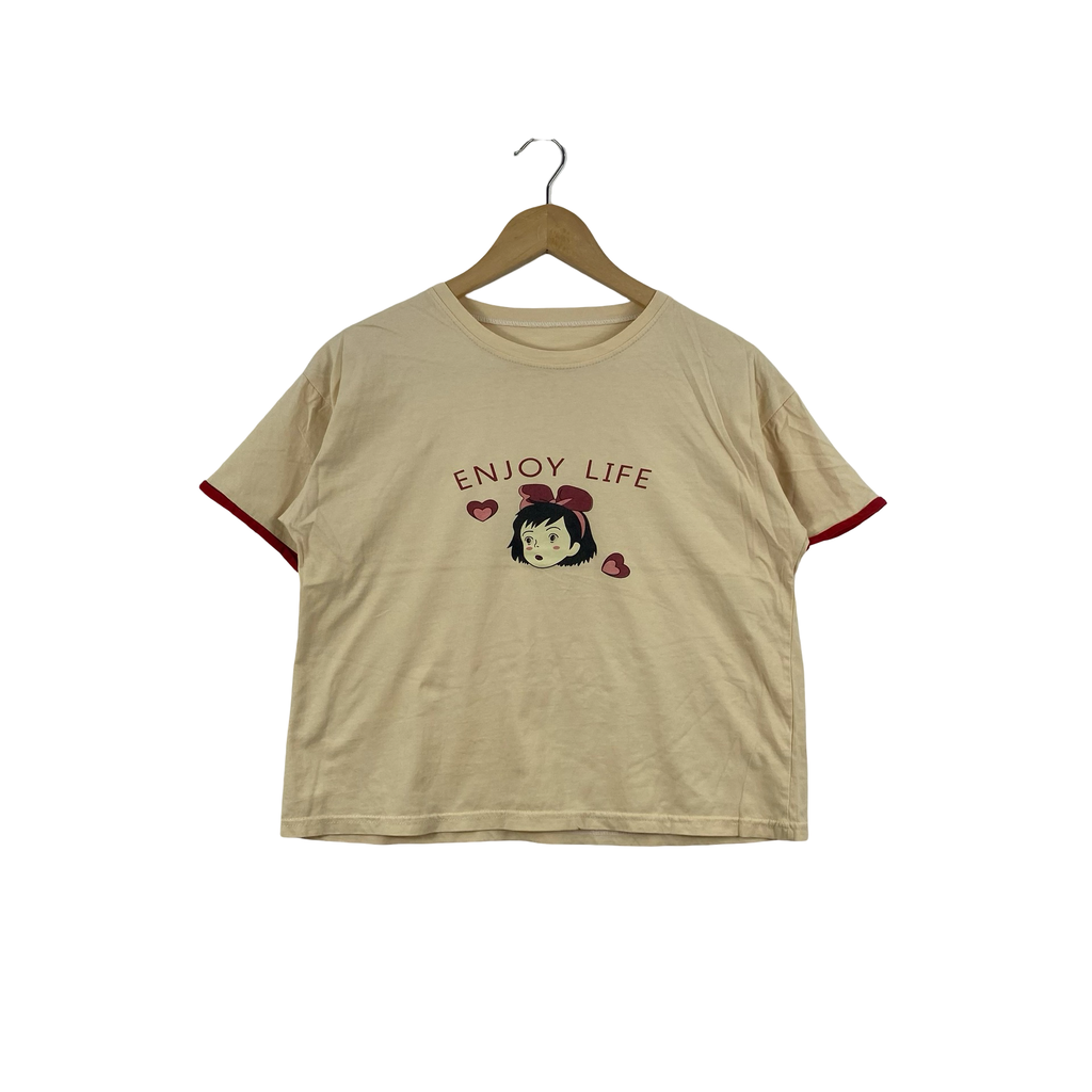 Vintage ENJOY LIFE KIKI Inspired Anime Graphic Ringer Tee Shirt Trim Cute Japanese Cartoon  Casual Streetwear