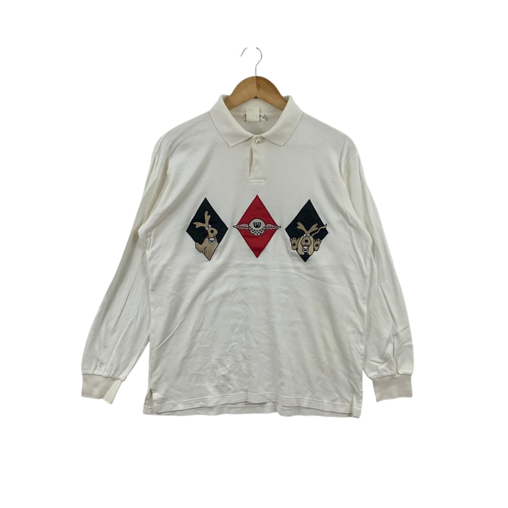 Vintage MU SPORTS JAPAN  Deer Embossed Logo Polo Tee Shirt Top Long Sleeve