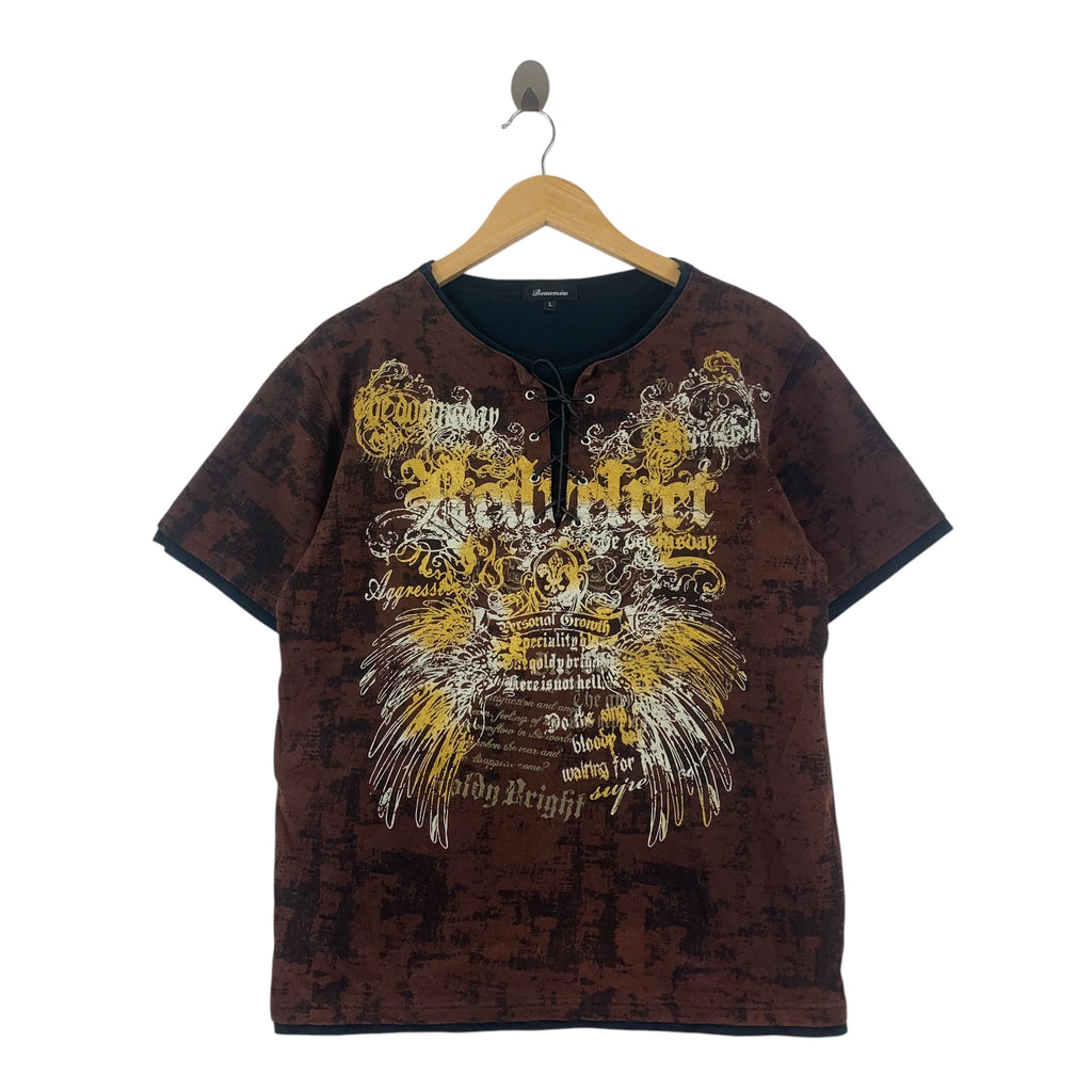 BEAUMERE JAPAN REDVELVET Y2K Henley Tee Shirt Top Over Print Tribal