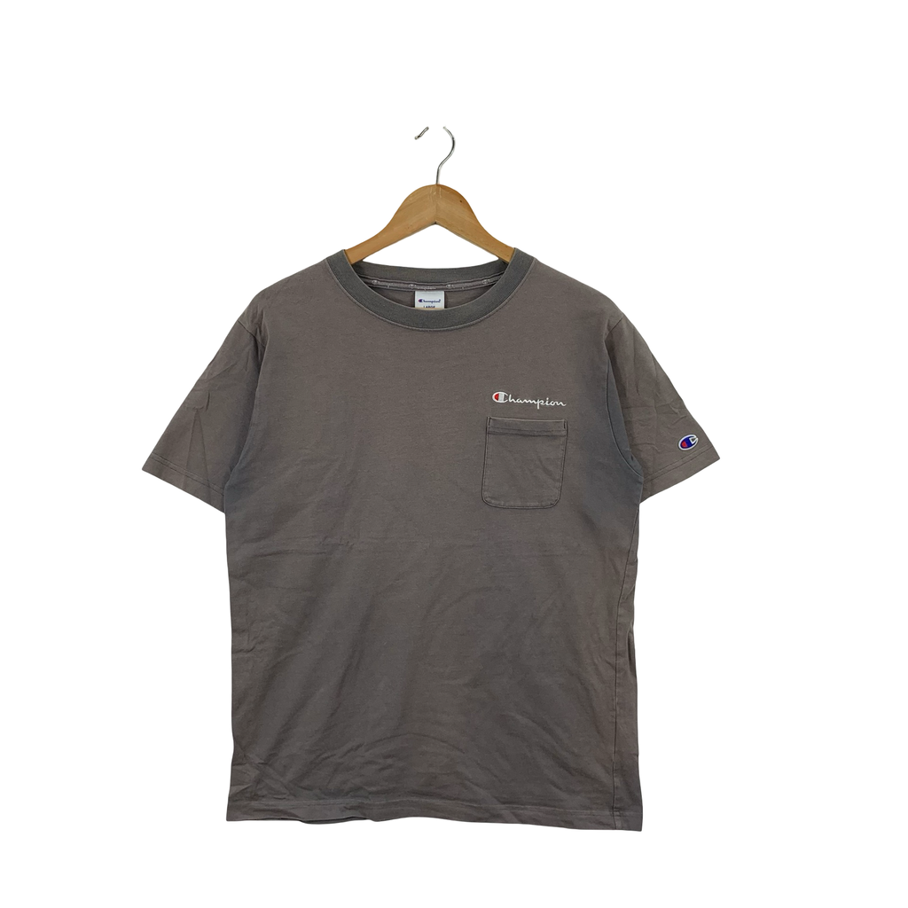 Vintage Y2K CHAMPION USA Natural Sun Faded Script Tee Shirt Top Embroidered Logo
