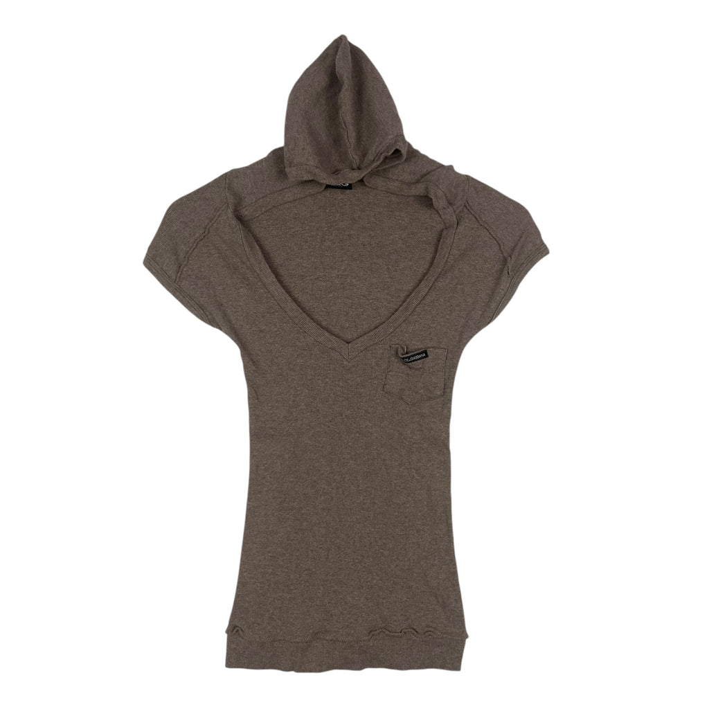 DOLCE & GABBANA D&G Minimalist Design V Neck Tee Shirt Top Hoodie Brown Short Sleeve