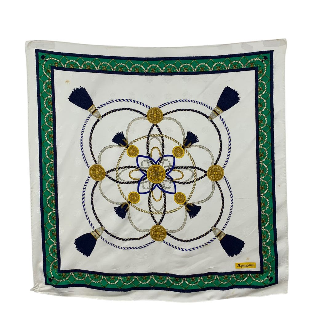 Vintage AQUASCUTUM LONDON Tassel Medallion Silk Scarf Hand Rolled Shawl Neckerchief Rope