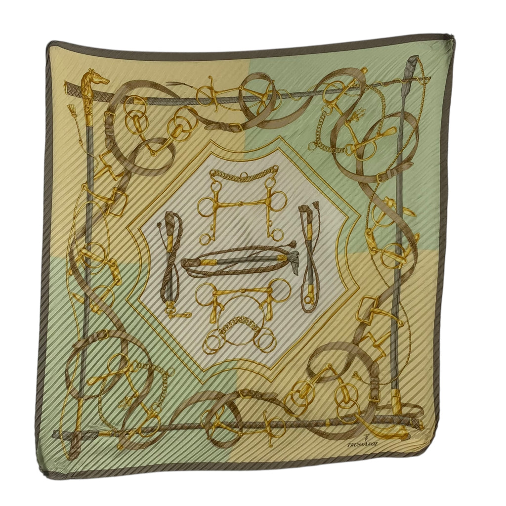 Vintage TRUSSARDI EQUESTRIAN PRINT Horse Bridle Stirrup Silk Scarf Hand Rolled Shawl Neckerchief