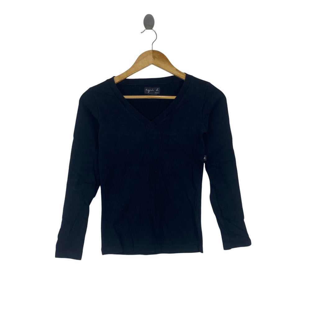 Vintage AGNES B.PARIS V-Neck Long Sleeve Tee Shirt Minimalist French Designer Fashion Classic Slim Fit Casual
