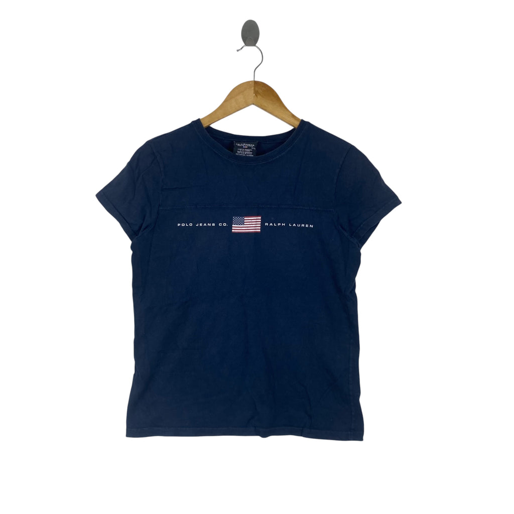 Vintage POLO JEANS CO Ralph Lauren Tee Shirt American Flag Logo Graphic Short Sleeve Crewneck