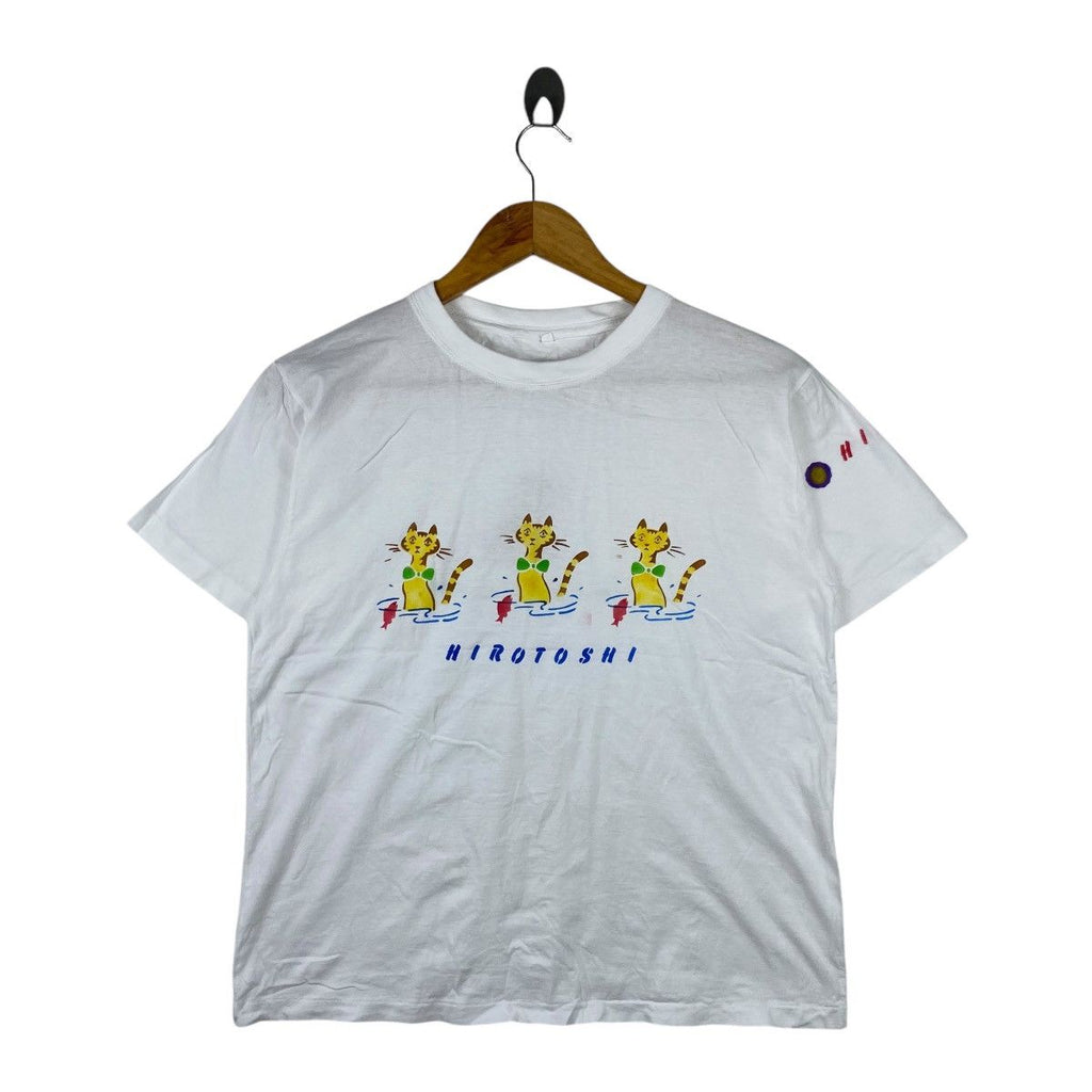 Vintage JAPAN TRADITIONAL HIROTOSHI Cat Dog Tee Shirt Top Painting Illustration Artist