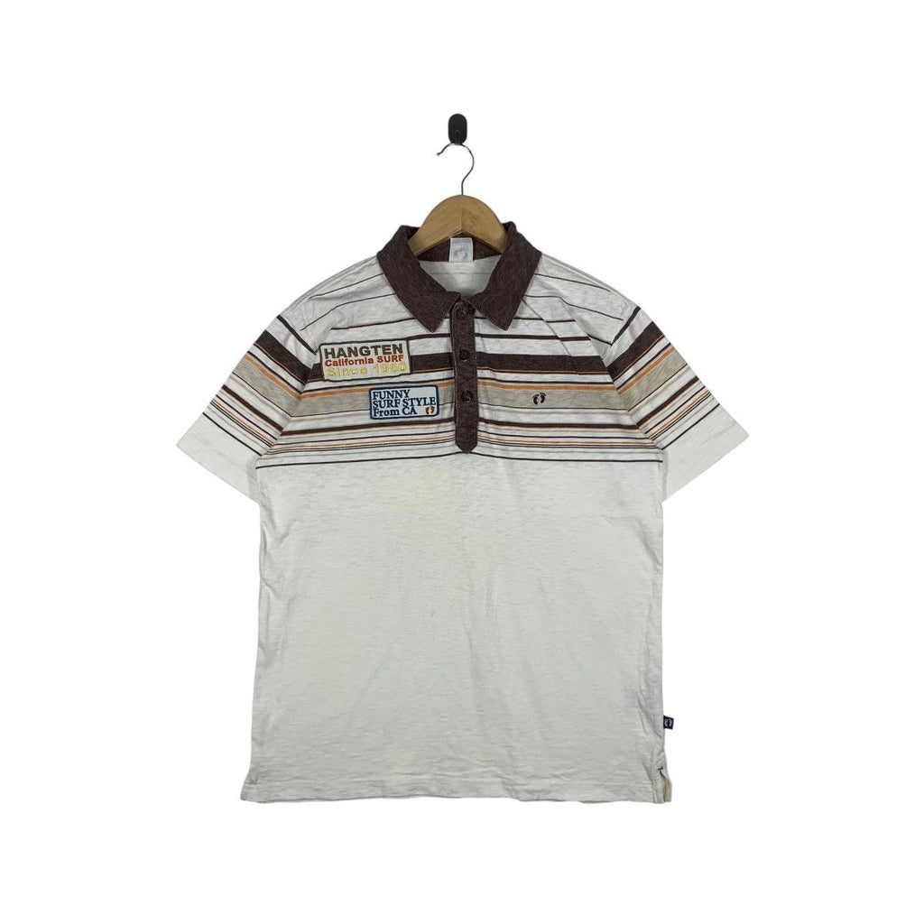 HANG TEN CALIFORNIA Surf Embossed Logo Polo Tee Shirt Top Striped Hawaii