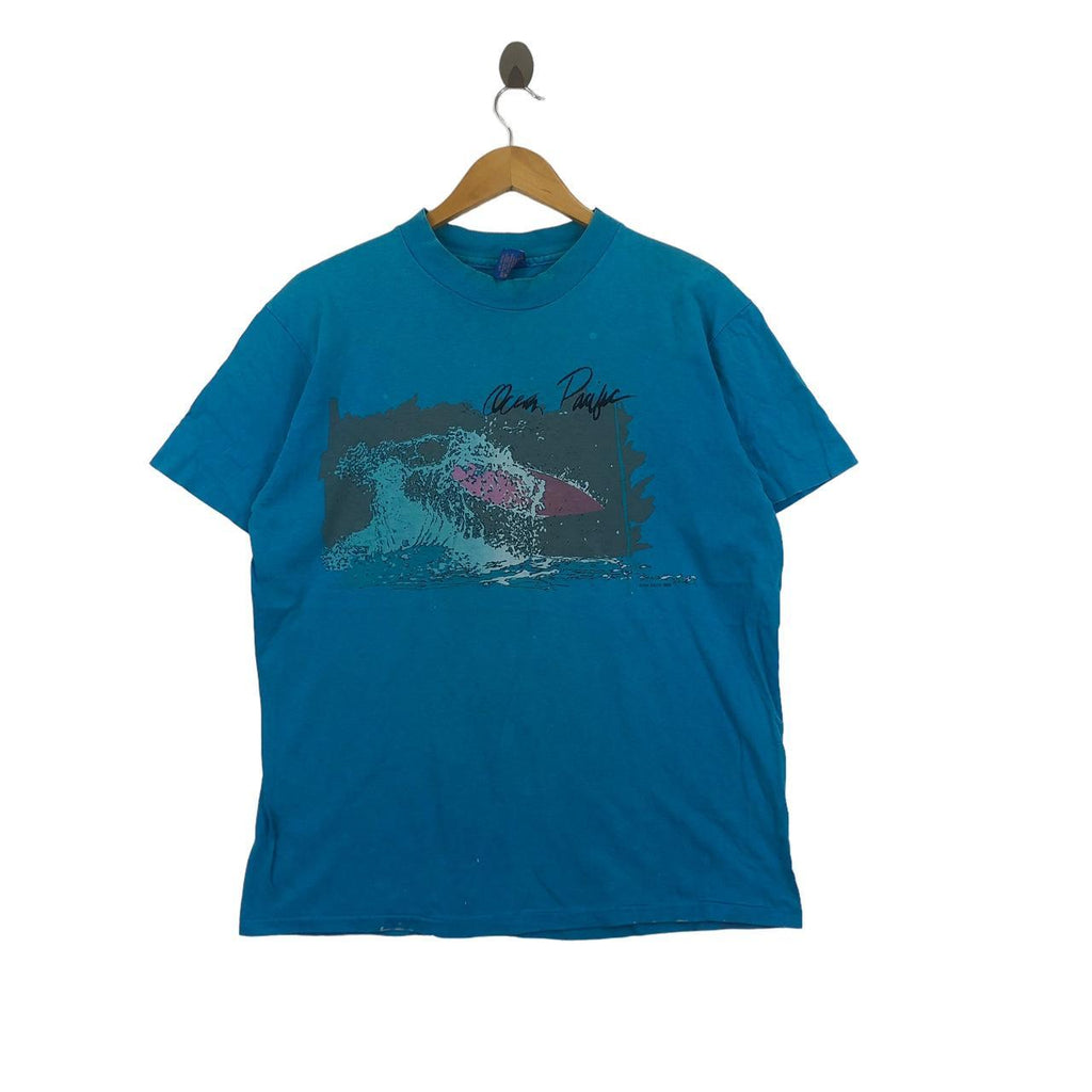 Vintage 1985 OCEAN PACIFIC SURFING Artwork Surf OG Tee Shirt Hawaii Beach Longboard