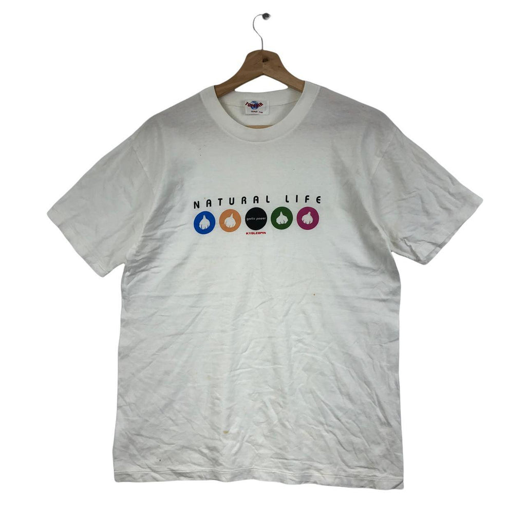 Vtg KYOLEOPIN GARLIC POWER Japan Ads Tee Shirt Anime Cartoon Natural Life