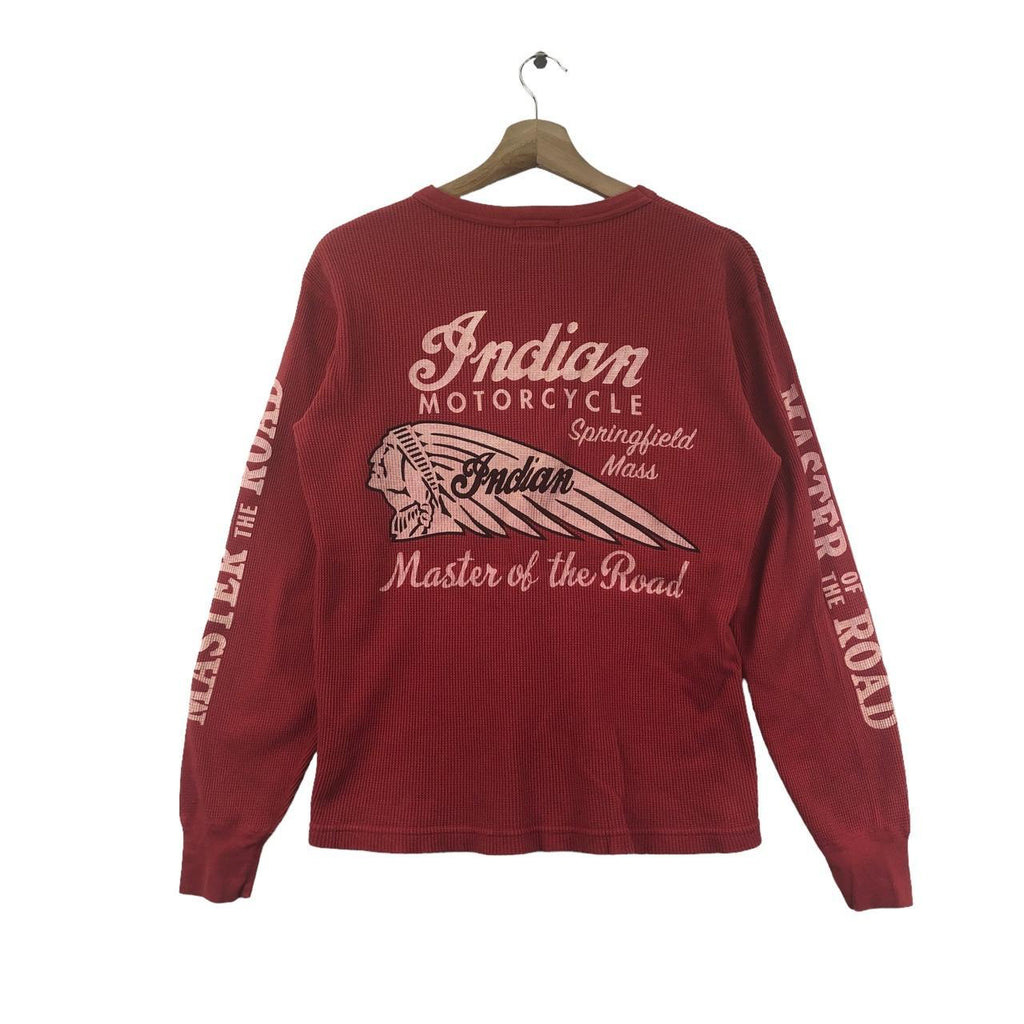 Vtg 90’ INDIAN MOTORCYCLE Master Of The Road Red Tee Shirt Long Sleeve Toyo Enterprise Springfield Mass