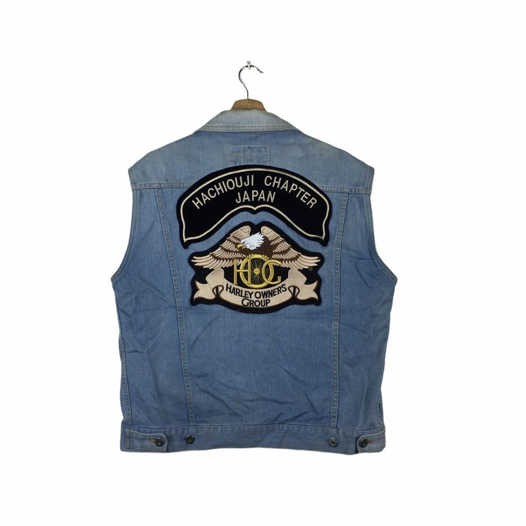 Vintage HARLEY DAVIDSON Owner Club Denim Jacket Motorcycle Jeans Patches Road Captain