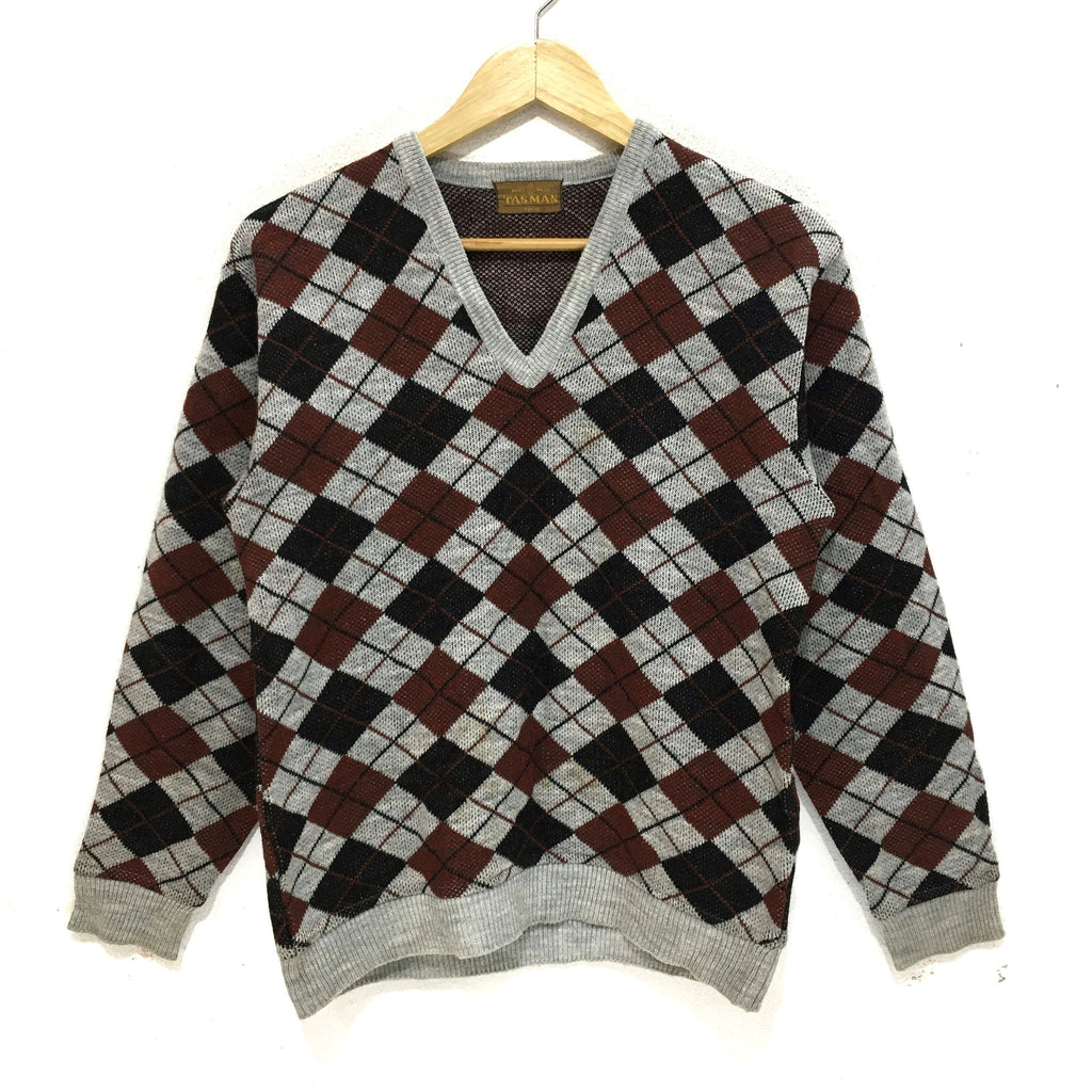Vintage TASMAN TOKYO Sweatshirt Square Pattern Design Pullover Jumper V Neck Sweater