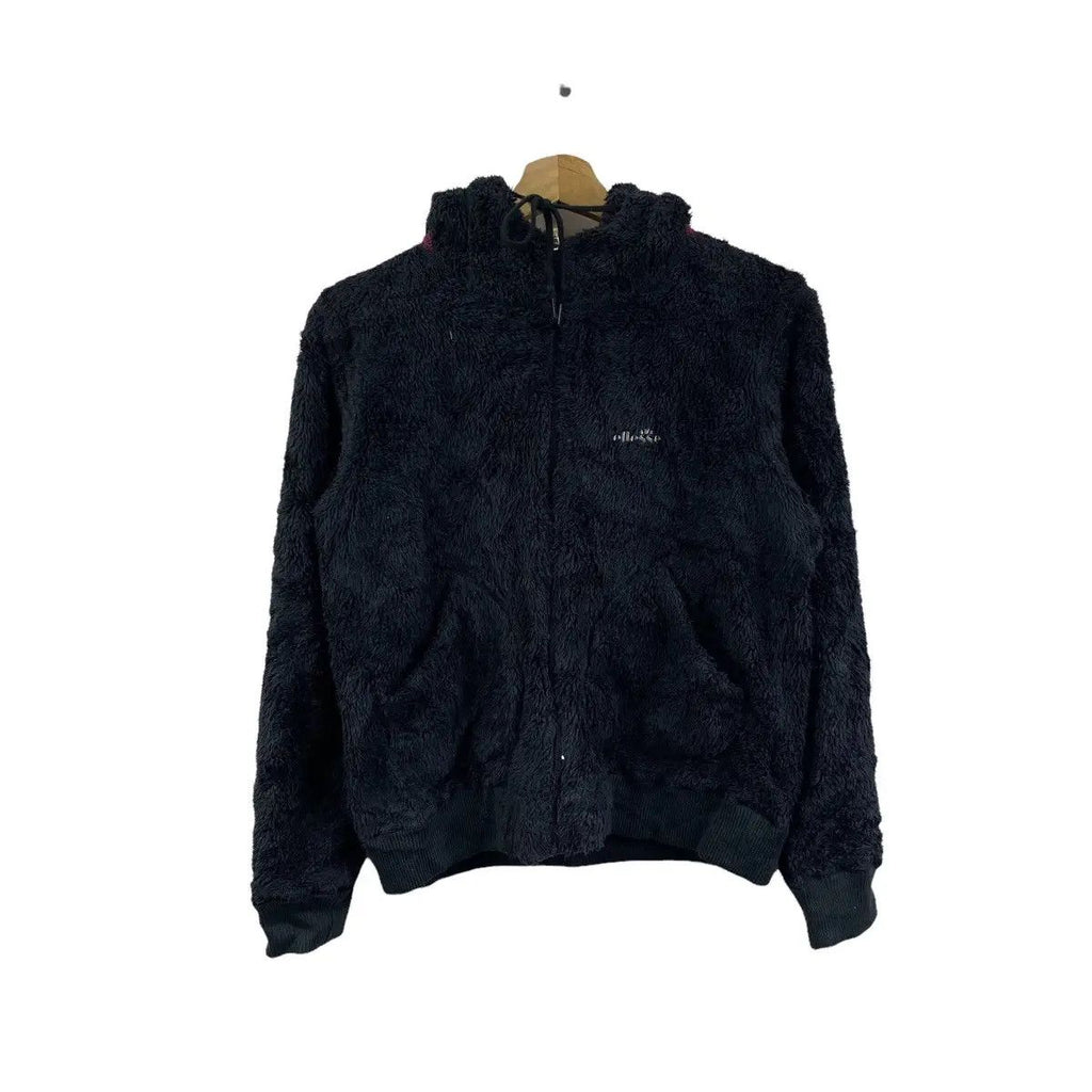 Vintage ELLESSE PERUGIA ITALIA 1959 Sherpa Fleece Jacket Hoodie Windbreaker Black