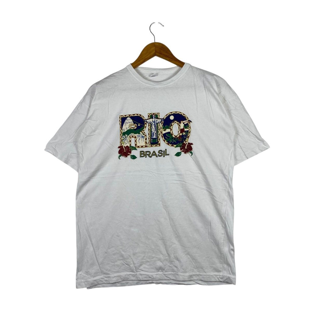 Vintage BRAZIL RIO ARTWORK Christ The Redeemer Tee Shirt Top Floral Painting