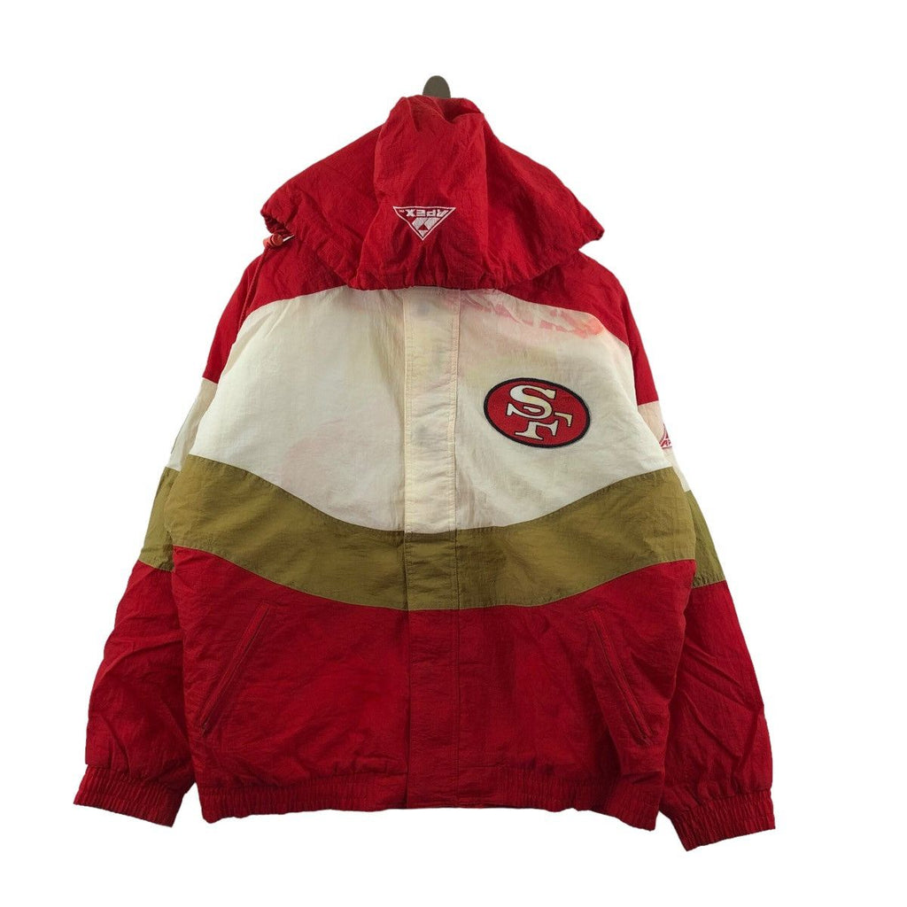 Vintage SAN FRANCISCO 49ers NFL Proline Apex One Distress Jacket Discolouring Windbreaker Hoodie