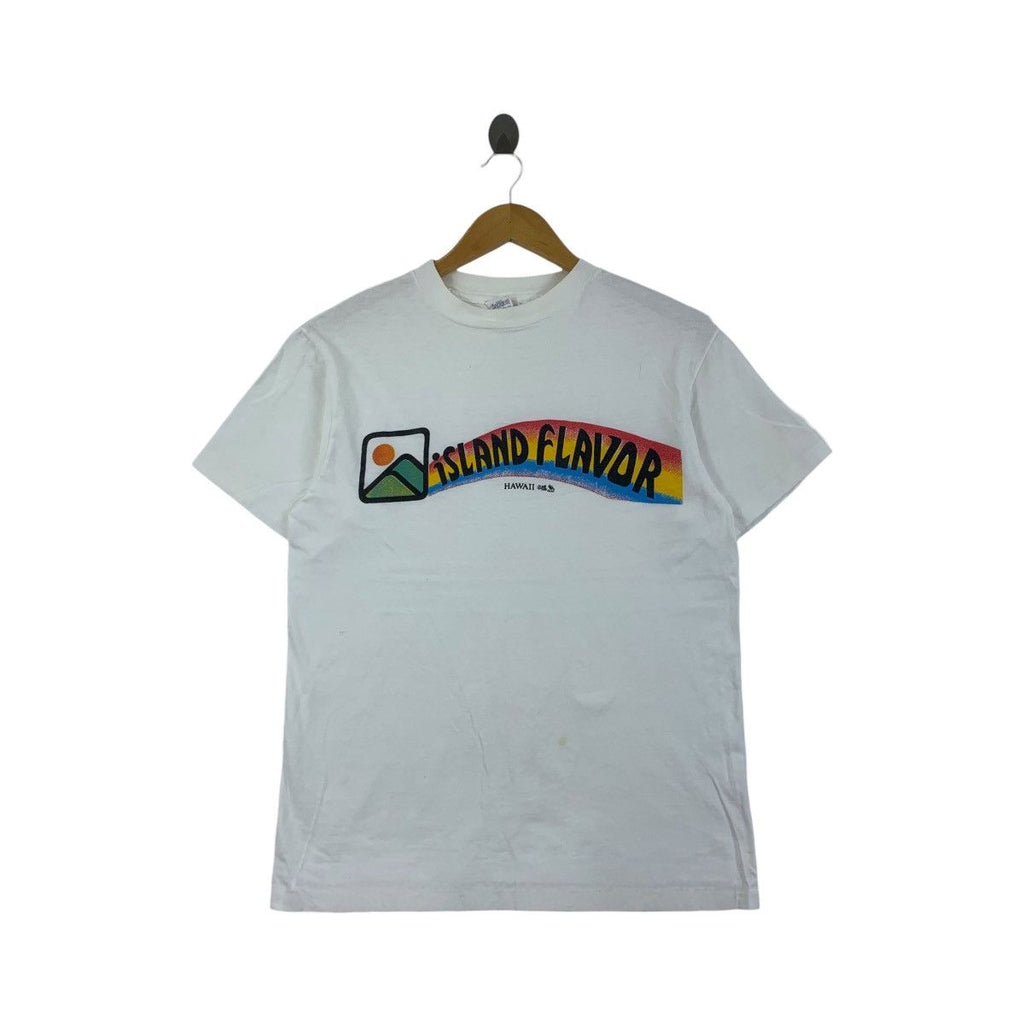 Vintage 1988 HAWAII ISLAND FLAVOR Illustration Beach Tee Shirt Top Summer Vacation