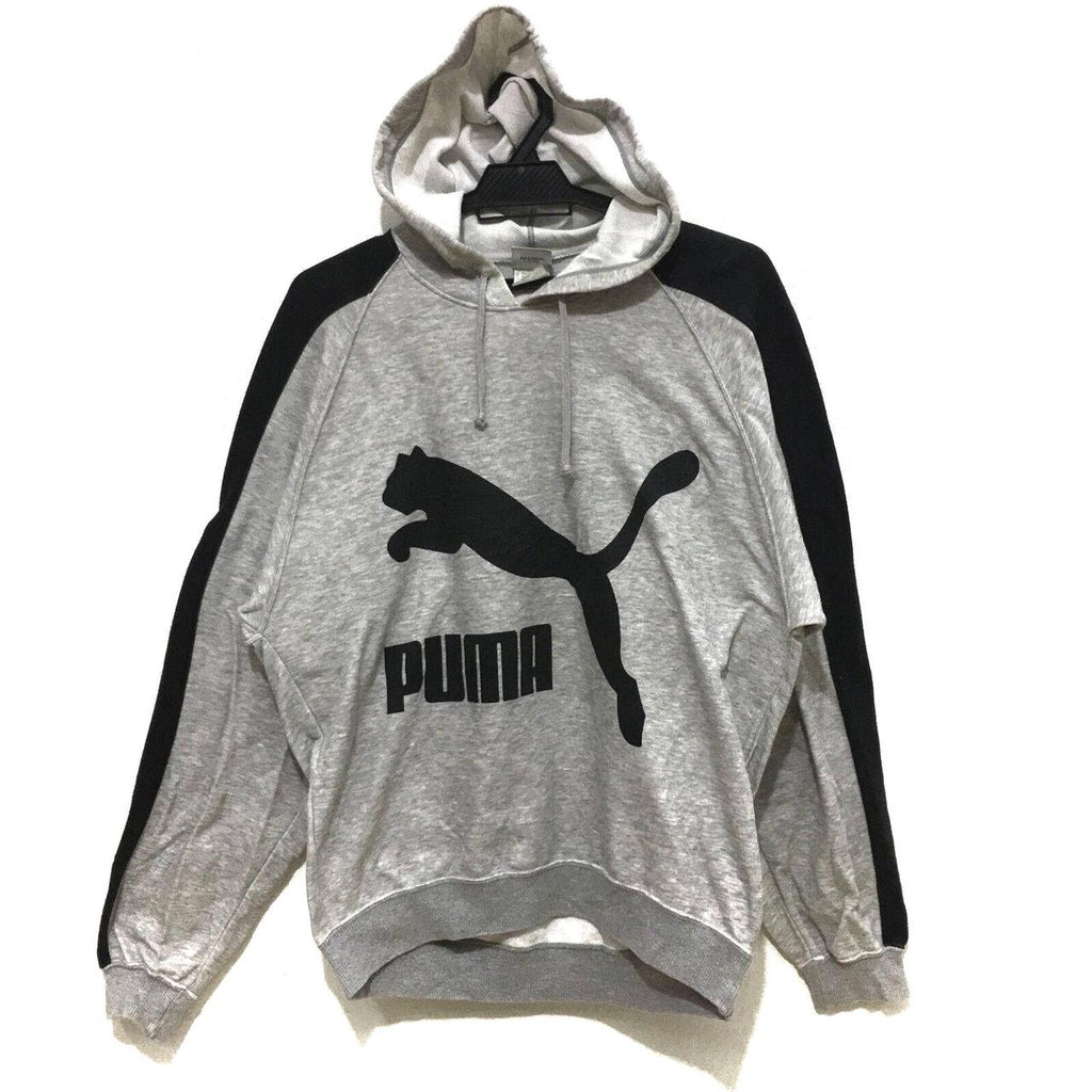 Vintage PUMA Big Logo Gray Hoodie Sweatshirt Jumper Pullover Made In Japan Tennis Sport