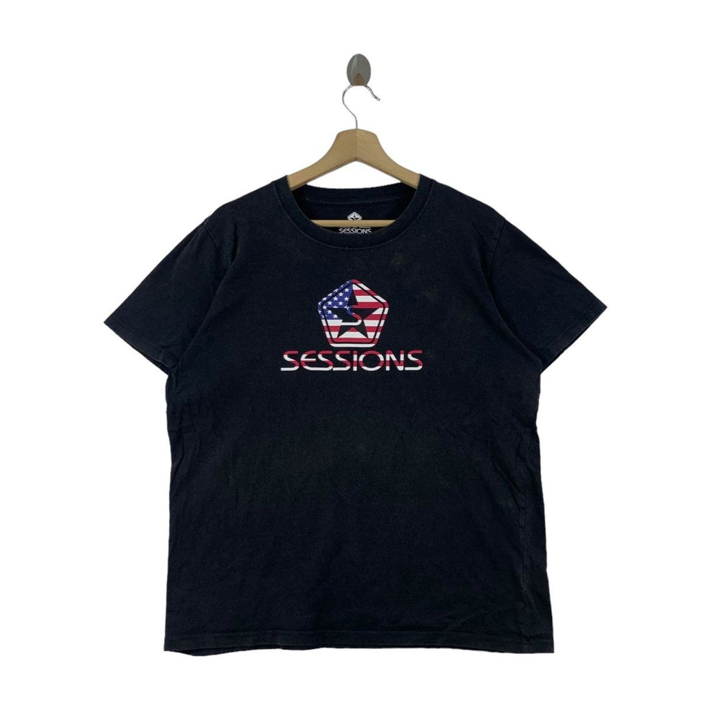 Vintage SESSIONS SKATEBOARD USA Start Tee Shirt Top Skate Star Flag