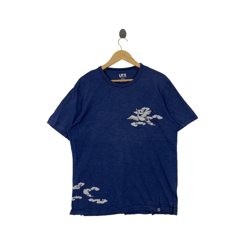 UNIQLO x HOKUSAI BLUE Japan Traditional Heron Bird Tee Shirt Top Cultural Heritage
