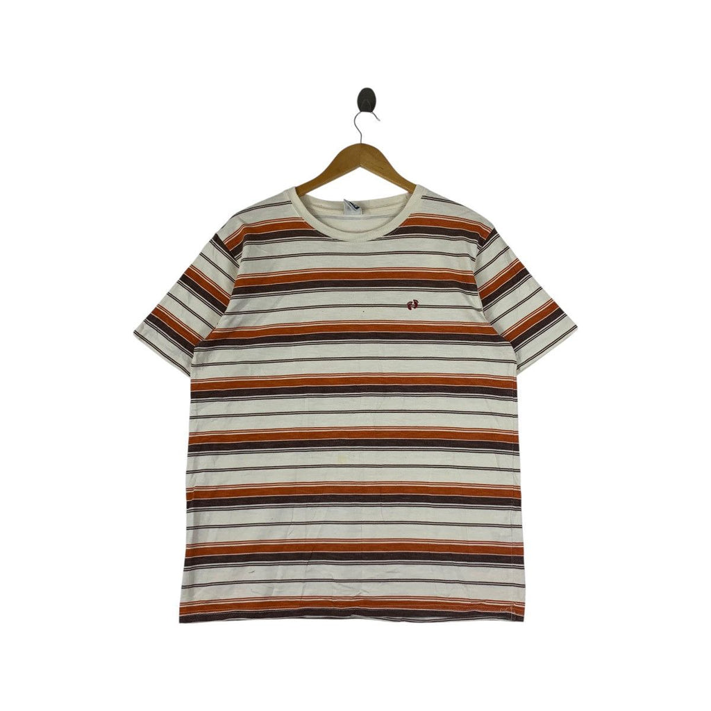 Vintage HANG TEN HAWAII Surf Brown Striped Tee Shirt Top Foot Logo Beach