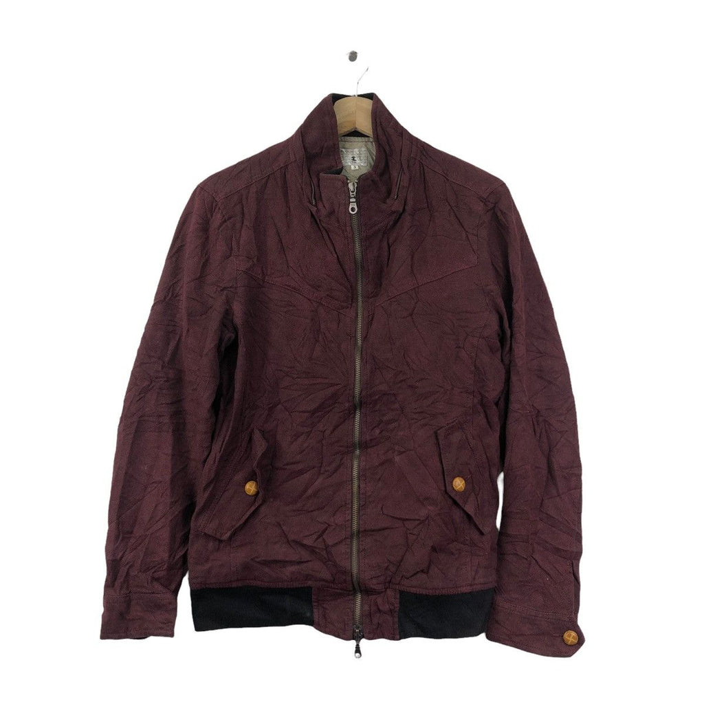 TAKEO KIKUCHI JAPAN Designer Maroon Motorcycle Jacket Denim Jeans Heavy Coat Windbreaker Minimalist
