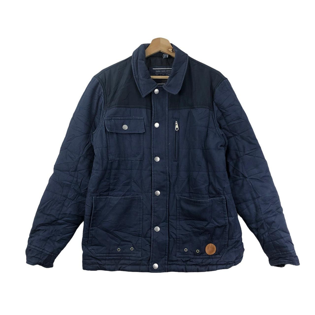 ZARA DENIM Puffer Indigo Bomber Jacket Parka Trench Coat Ski Winter Windbreaker