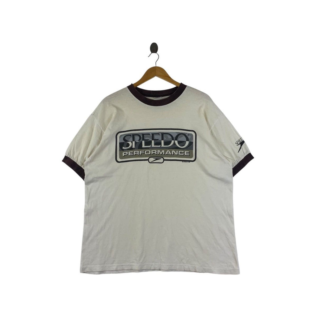 Vintage 1997 SPEEDO PERFORMANCE Box Logo Tee Shirt Top Ringer