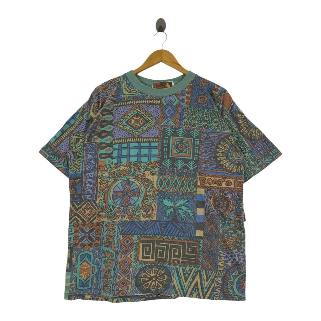 Vintage BOAT &amp; BEACH Navajo Baroque Aztech AOP Tee Shirt Top Over Print Camping Hiking