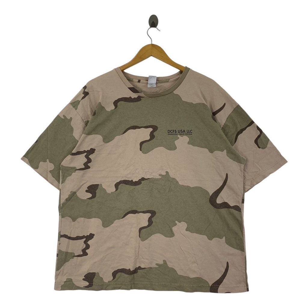 Vintage DCFS USA LLC Fraud Control Hotline Camo Tee Shirt Top Camouflage