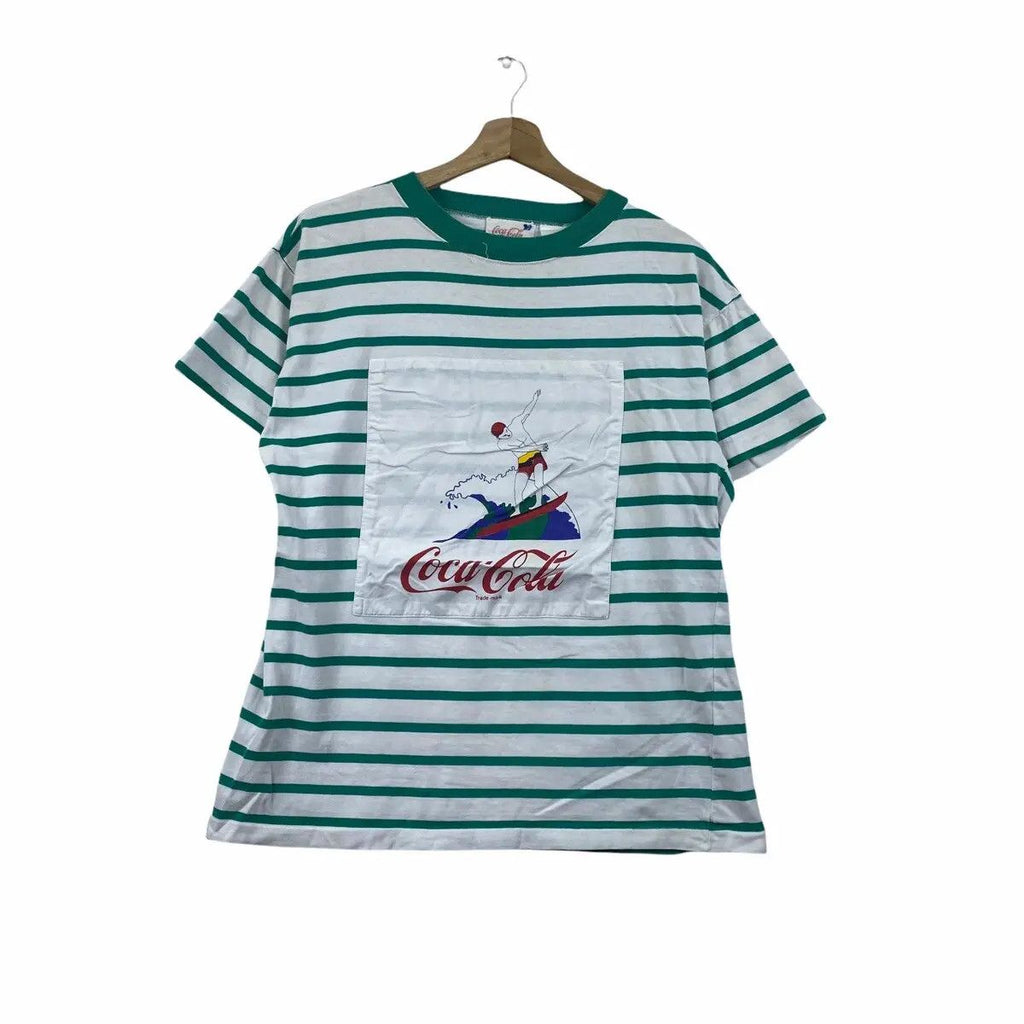 Vintage 90’ COCA COLA COKE Surfing Rugby Striped Tee Shirt Beach Hawaii Honolulu
