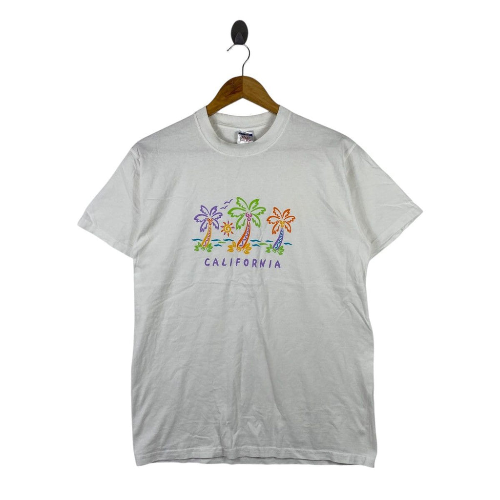 Vintage CALIFORNIA BEACH PAINTING Embossed Logo Tee Shirt Top Hawaii Coconut Tree