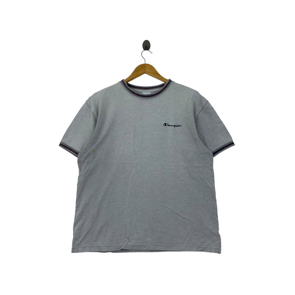 Vintage CHAMPION USA SCRIPT Logo Natural Faded Ringer Tee Shirt Top Sportswear