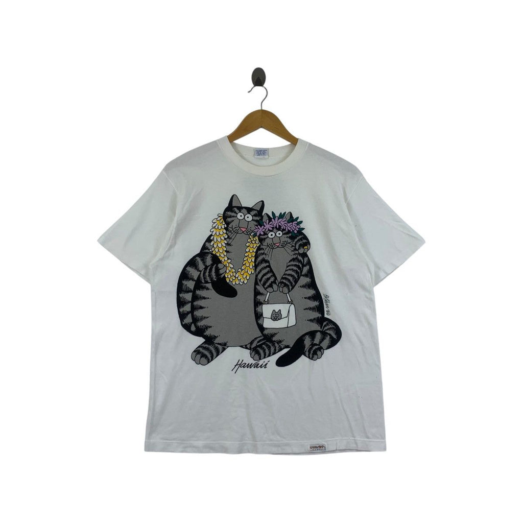 Vintage CRAZY SHIRTS B. KLIBAN Cat Hawaii Wedding Tee Shirt Top Honeymoon Cartoon Comic