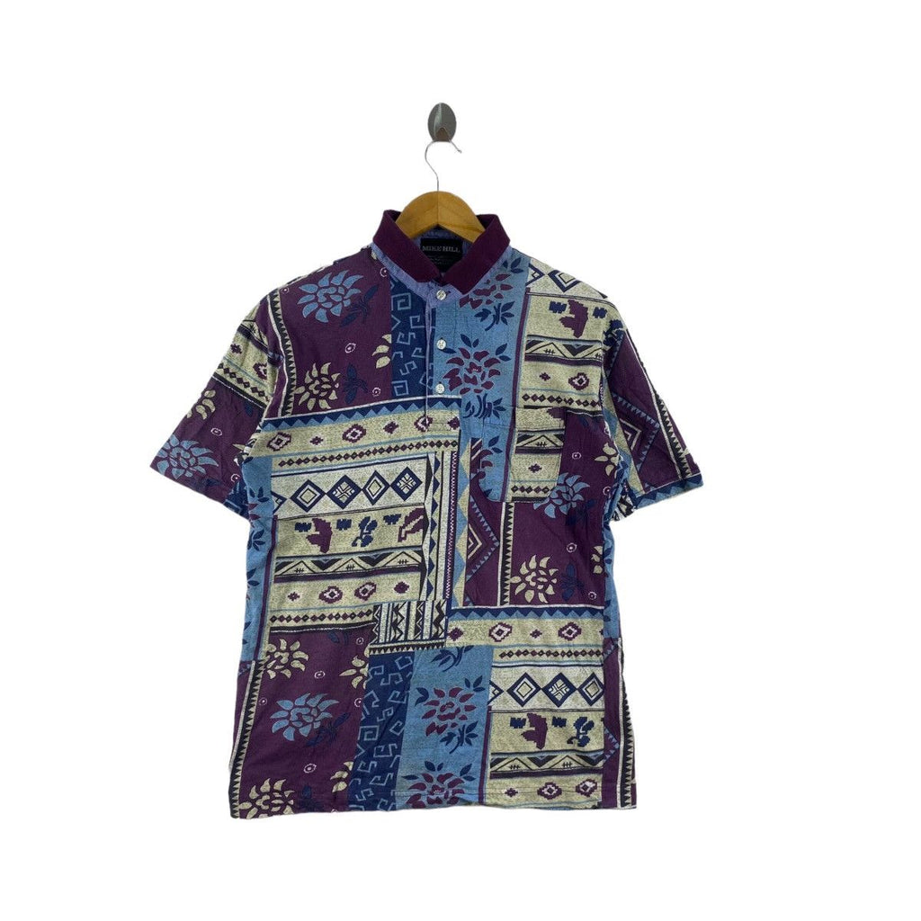 Vintage 90’ MIKE HILL AOP Over Print Painting Polo Tee Shirt Pop Art Top