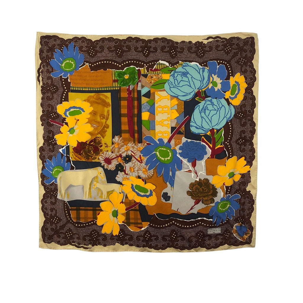 Vtg CHRISTIAN LACROIX PARIS Floral Portrait Scarf Shawl Hand Rolled Neckerchief