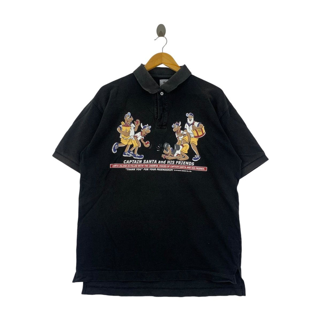 Vintage CAPTAIN SANTA FRIENDS Ocean Polo Tee Shirt Top Cartoon Illustration