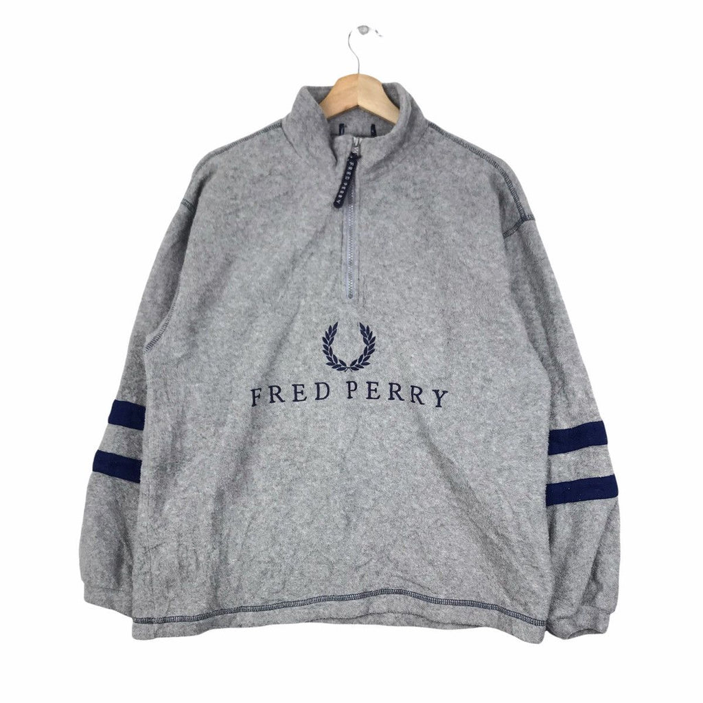Vintage FRED PERRY Laurel Wreath Logo Fleece Windbreaker Jacket Sweater Striped Sleeve