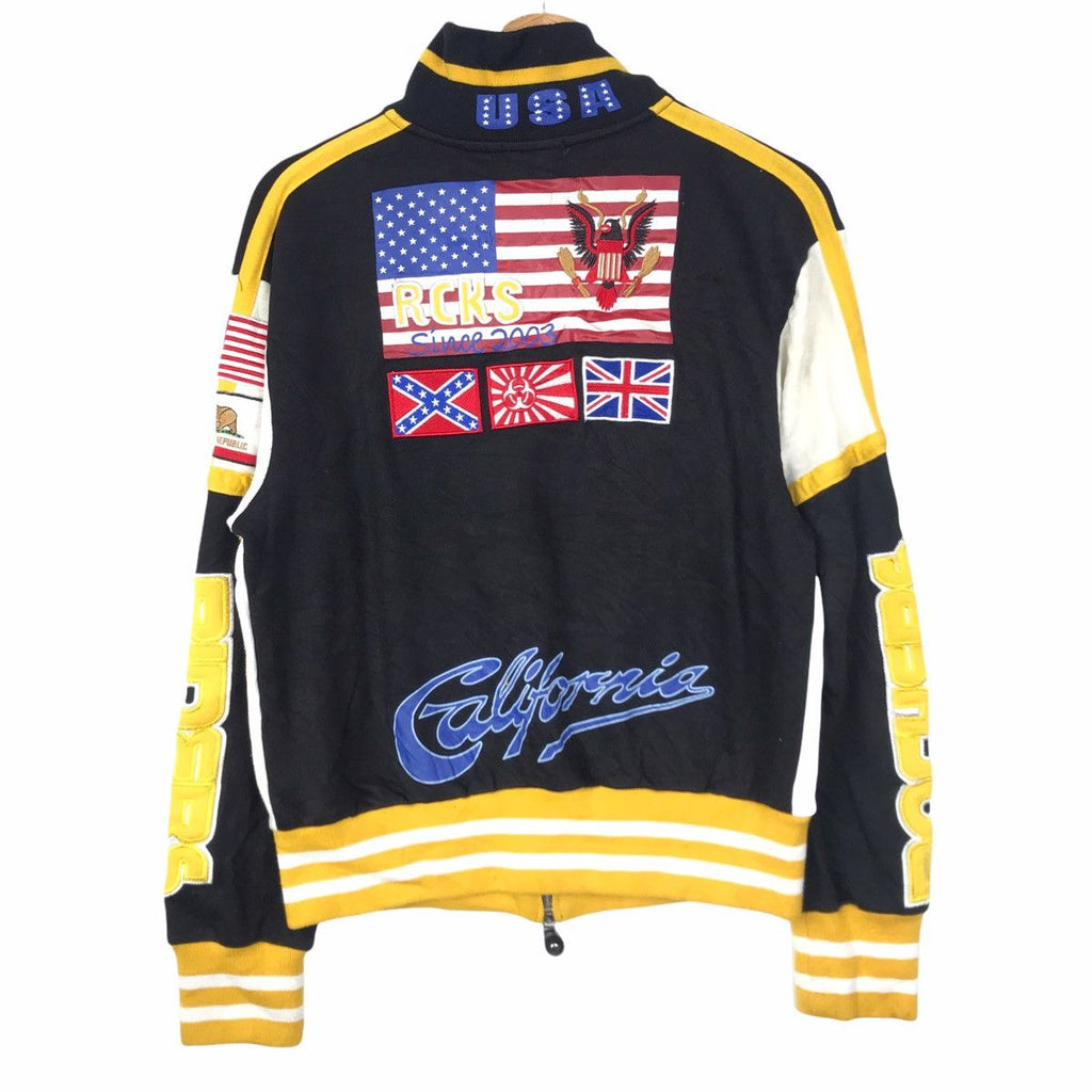 Vintage RCKS USA MALIBU California Flag Varsity Jacket Windbreaker Patch Embossed Logo Motorcycle