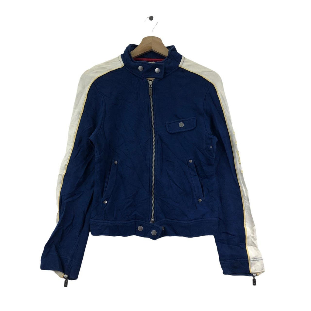 Vtg TOMMY HILFIGER USA Motorcycle Blue Jacket Striped Parka Trench Coat