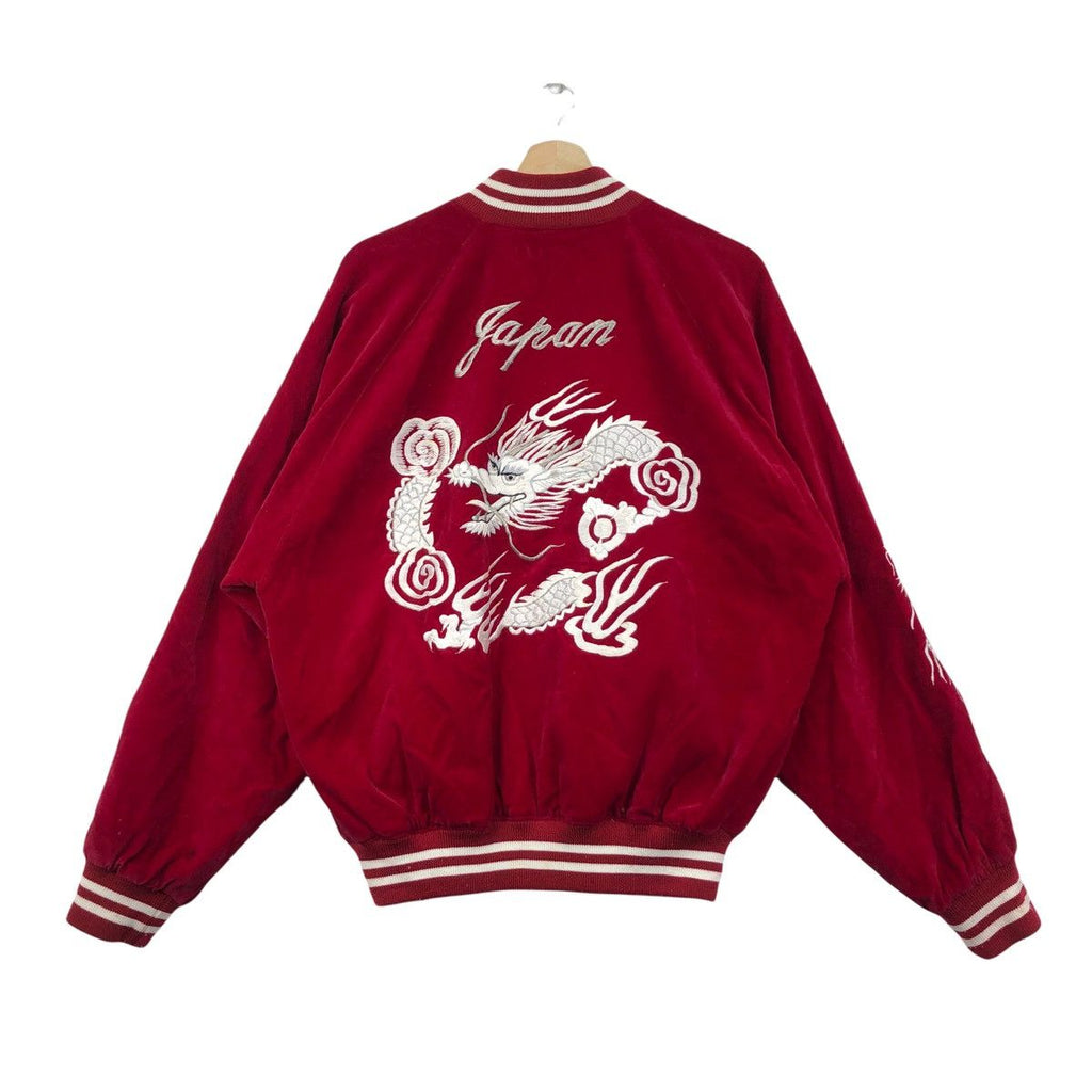 Vintage 80' SUKAJAN JAPAN Tokyo Dragon Ryu Embroidered Velvet Bomber Jacket Windbreaker Souvenir