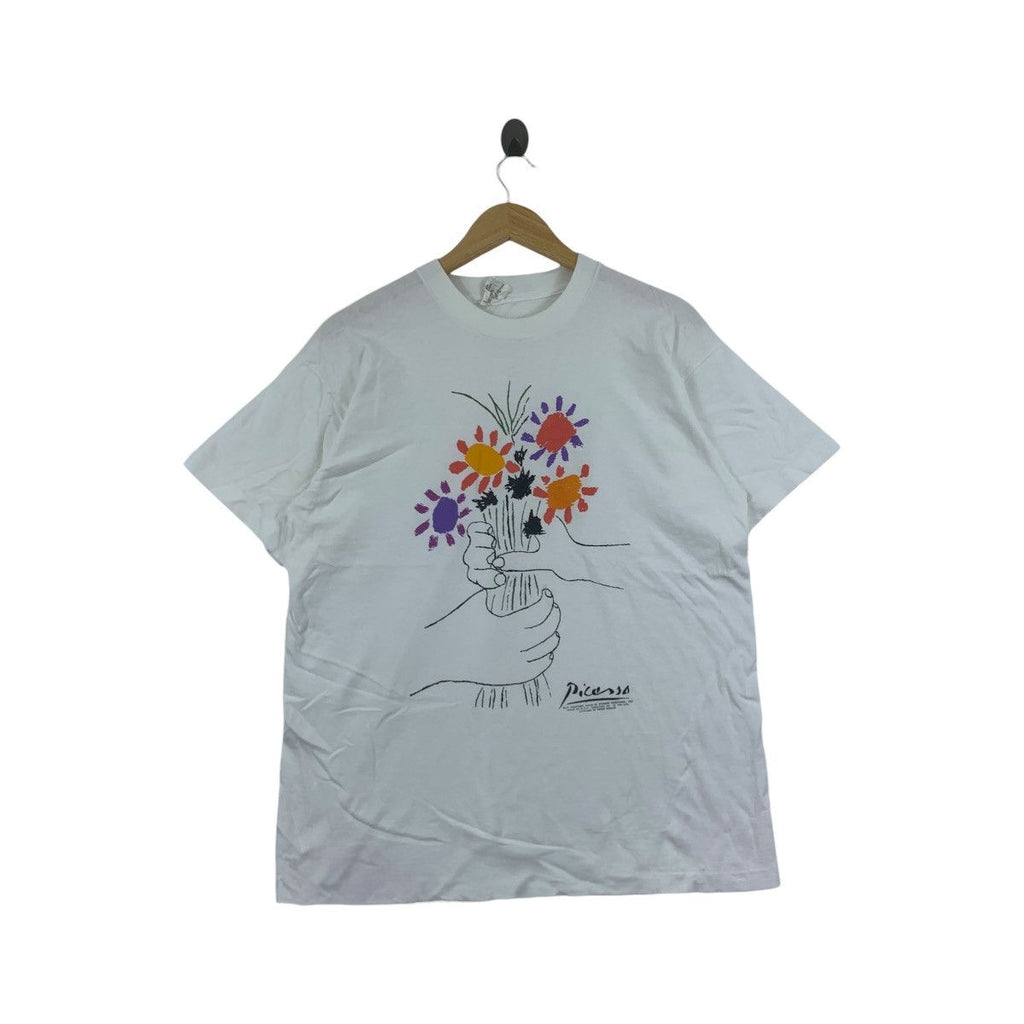 Vintage 1988 PICASSO BOUQUET OF PEACE Painting Tee Shirt Top Ralph Marlin Hands Flowers