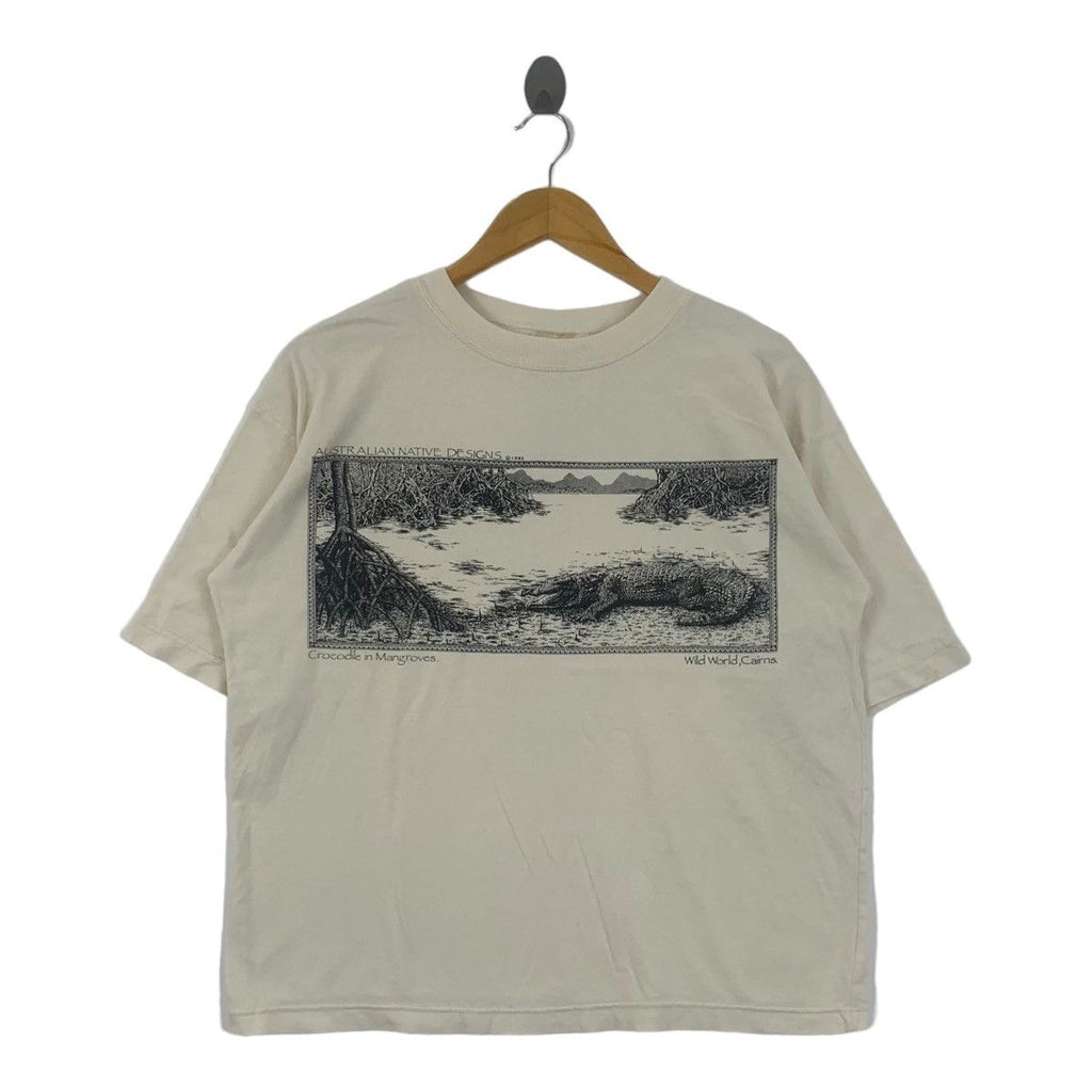 Vintage 1992 AUSTRALIAN NATIVE DESIGNS Art Tee Shirt Top Crocodiles In Mangroves