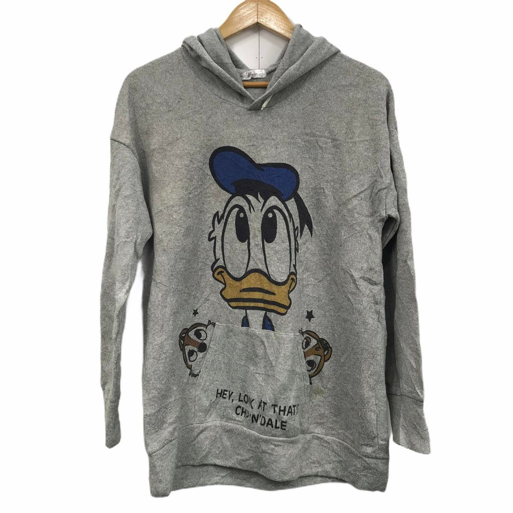 Vintage DONALD DUCK DISNEY Cartoon Grey Hoodie Sweatshirt Big Logo Spell Out Pullover Jumper Sweater